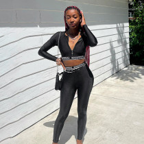 Slim Fit Zippered Letter Print Cropped Navel Long Sleeve Pants Casual Set
