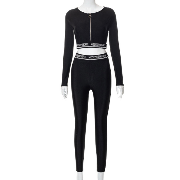 Slim Fit Zippered Letter Print Cropped Navel Long Sleeve Pants Casual Set