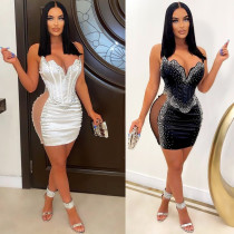 Sexy slim wrap chest mesh hot drill dress nightclub