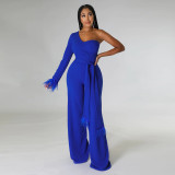 Fashion one shoulder long sleeve loose solid color Jumpsuit