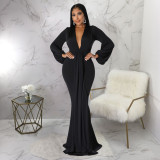 Autumn sexy slim deep V-neck dress floor dress