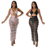 Sexy sling V-neck open back fashion split fringe bead dress