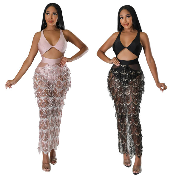 Sexy sling V-neck open back fashion split fringe bead dress