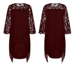 Plus Size Lace Panel Three Quarter Sleeve Irregular Hem Chiffon Dress