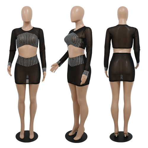 Solid color perspective sexy short top with A-line Skirt Set