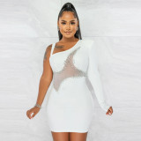 One shoulder long sleeve perspective mesh stitched zhigonghe hot drill Hip Wrap Dress