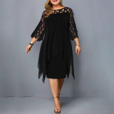 Plus Size Lace Panel Three Quarter Sleeve Irregular Hem Chiffon Dress