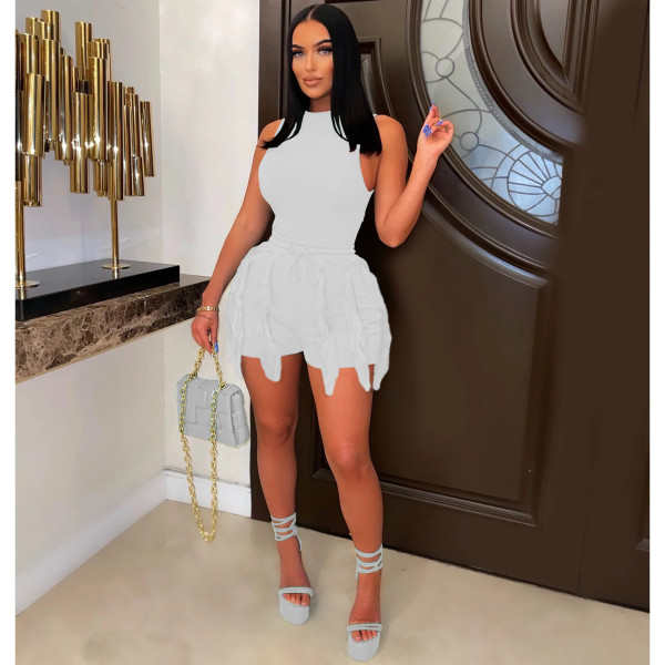 Sleeveless Tank Top Drawstring Fringe Casual Solid Color Two Piece