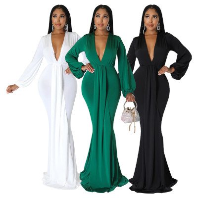 Autumn sexy slim deep V-neck dress floor dress
