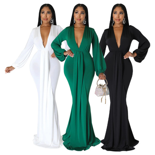 Autumn sexy slim deep V-neck dress floor dress