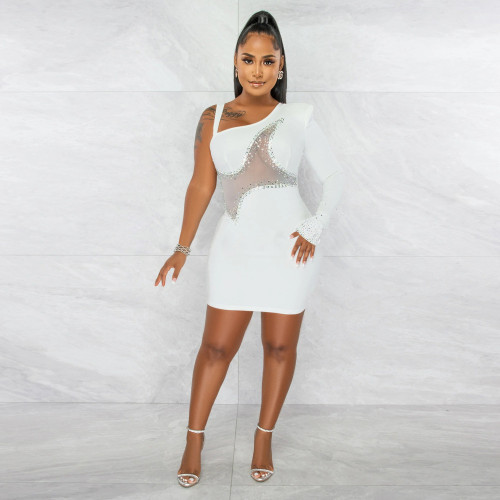 One shoulder long sleeve perspective mesh stitched zhigonghe hot drill Hip Wrap Dress
