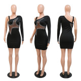 One shoulder long sleeve perspective mesh stitched zhigonghe hot drill Hip Wrap Dress