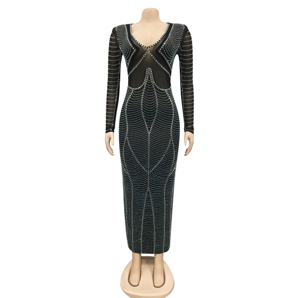 Sexy night club hot drill mesh perspective V-Neck long sleeve long skirt dress