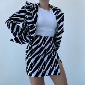Women's Black and White Contrast Color Suit Suit Sexy High Waist Short Skirt Two Piece Set