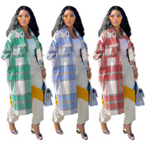 Midi long casual fashion classic plaid single-breasted cotton coat