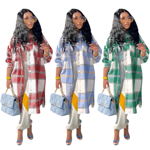 Midi long casual fashion classic plaid single-breasted cotton coat
