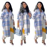 Midi long casual fashion classic plaid single-breasted cotton coat