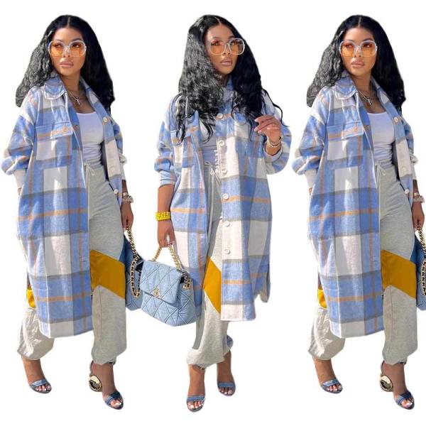 Midi long casual fashion classic plaid single-breasted cotton coat