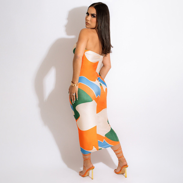 Stitching Contrast Color Print Basic Wrap Chest Tight Body Hip Sexy Dress Long Skirt KJ24341