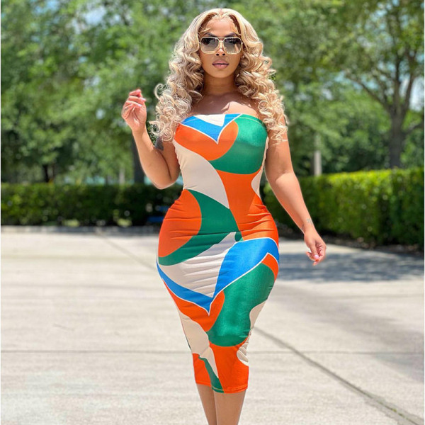 Stitching Contrast Color Print Basic Wrap Chest Tight Body Hip Sexy Dress Long Skirt KJ24341