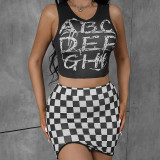 Sleeveless Vest Fashion Checkerboard Print Sexy Slim Pack Hip Skirt Suit