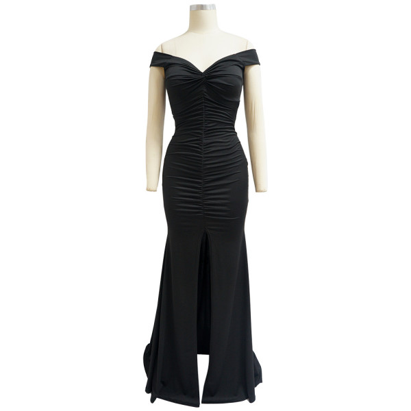 V-neck one-shoulder bag hip dress pleated slit long skirt