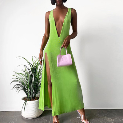 Fashion Deep V Neck Sleeveless High Waist Slit Dress