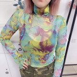 Fashion Stand Collar Print Sexy Mesh Slim Fit T-Shirt Top