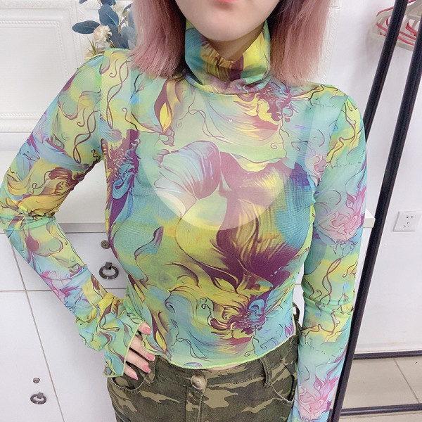 Fashion Stand Collar Print Sexy Mesh Slim Fit T-Shirt Top
