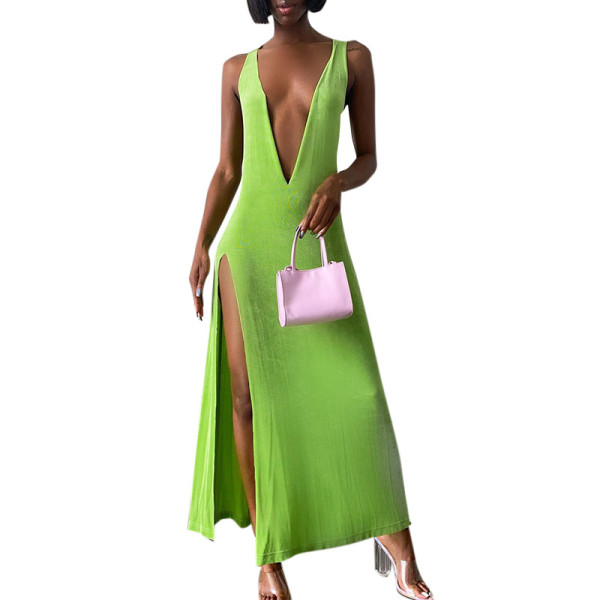 Fashion Deep V Neck Sleeveless High Waist Slit Dress