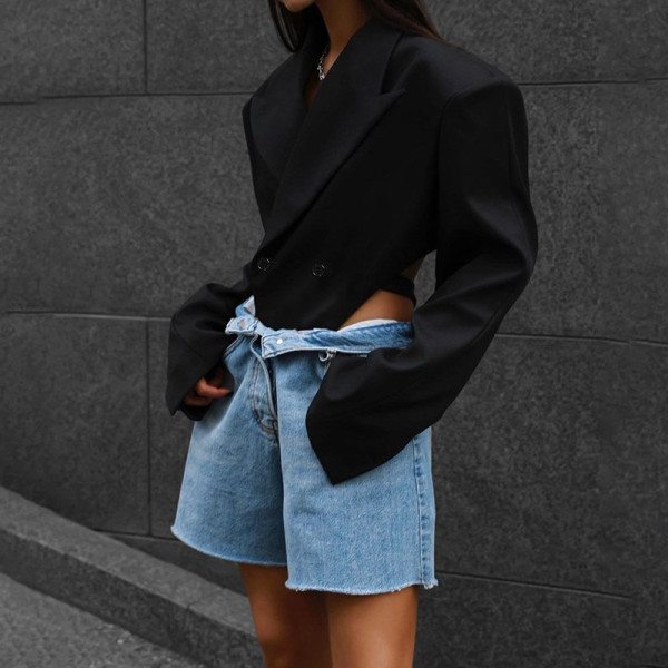 Wide Shoulder One Piece Suit Loose Sexy Cutout Black Top