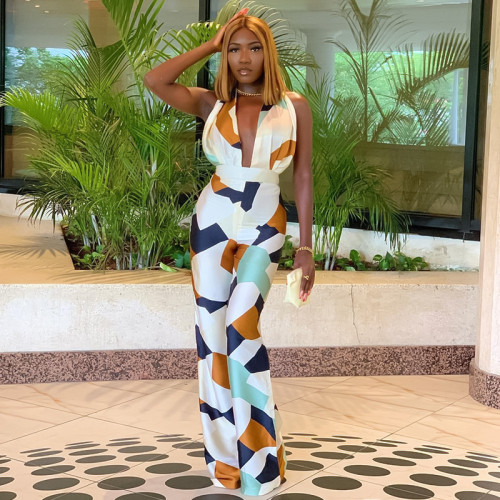 Deep V Neck Tie Halter Print Hip Raise Wide Leg One Piece Pants