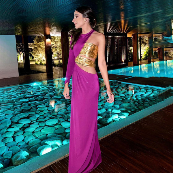 Fashionable personality one-shoulder double color matching temperament dress
