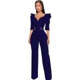 Sexy Fashion Solid Color Three-quarter Sleeve V-Neck Women's Jumpsuit