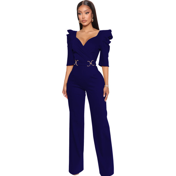 Sexy Fashion Solid Color Three-quarter Sleeve V-Neck Women's Jumpsuit