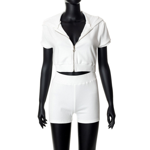 Slim Fit Pentagram Zip Embroidered Hooded Cardigan Top Shorts Casual Outfit