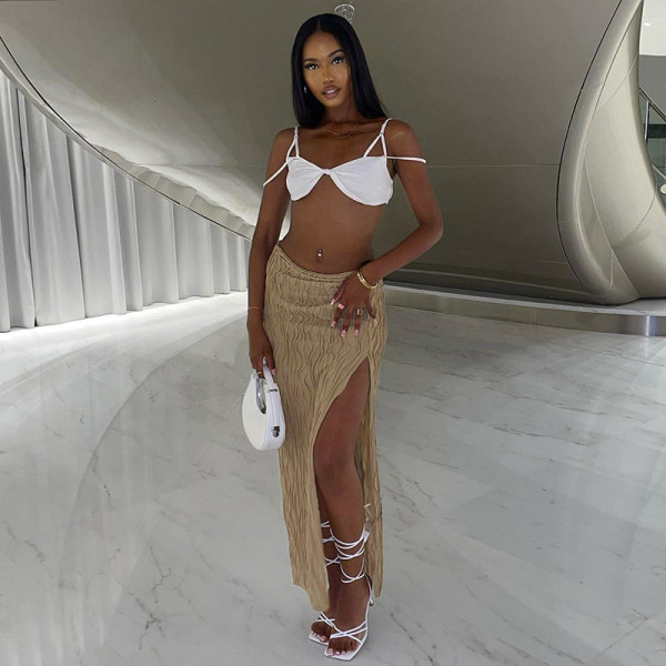 Solid Color Casual Circle Slit High Waist Slim Long Skirt