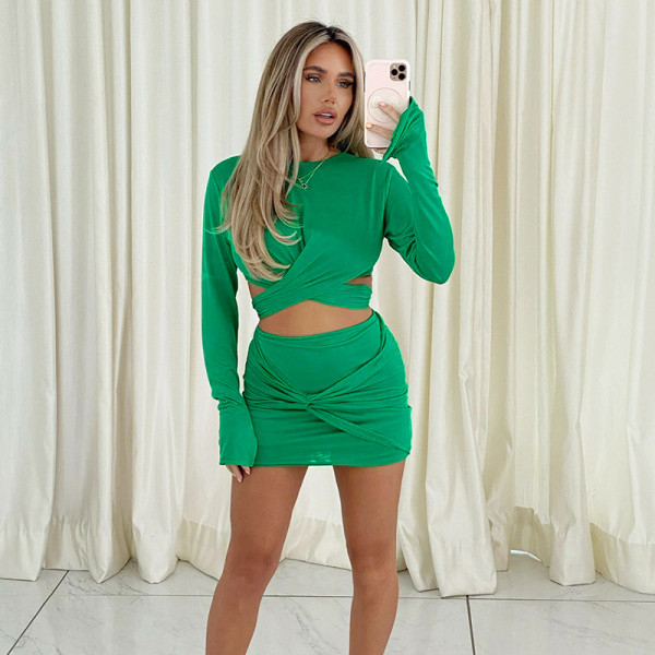 Solid Color Casual Tie Long Sleeve Top Twist Skirt Set