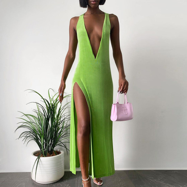 Fashion Deep V Neck Sleeveless High Waist Slit Dress