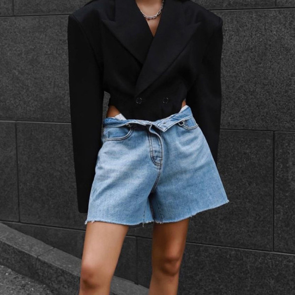Wide Shoulder One Piece Suit Loose Sexy Cutout Black Top