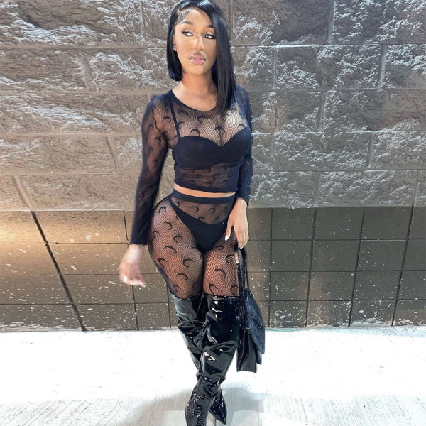 Mesh Flocking Perspective Street Sexy Pants Set
