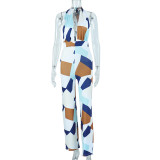 Deep V Neck Tie Halter Print Hip Raise Wide Leg One Piece Pants