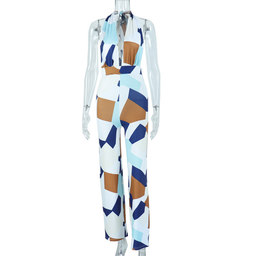 Deep V Neck Tie Halter Print Hip Raise Wide Leg One Piece Pants