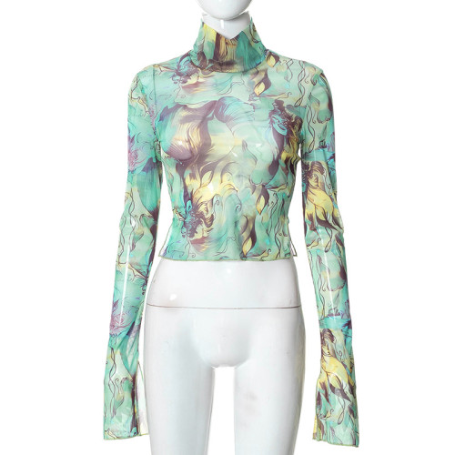 Fashion Stand Collar Print Sexy Mesh Slim Fit T-Shirt Top