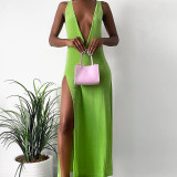 Fashion Deep V Neck Sleeveless High Waist Slit Dress