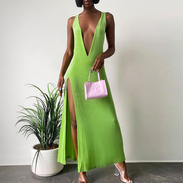 Fashion Deep V Neck Sleeveless High Waist Slit Dress