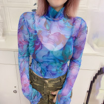 Fashion Stand Collar Print Sexy Mesh Slim Fit T-Shirt Top Fashion Stand Collar Print Sexy Mesh Slim Fit T-Shirt Top