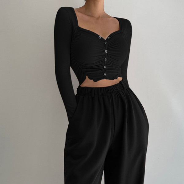 Sexy babes show chest peach heart neck pleated long-sleeved top women's slim-fit ultra-short fungus edge vest