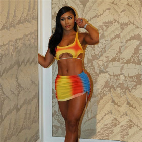 Tank Top Sexy Babes Gradient Print Backless Lace-Up Drawstring Skirt Set