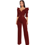 Sexy Fashion Solid Color Three-quarter Sleeve V-Neck Women's Jumpsuit